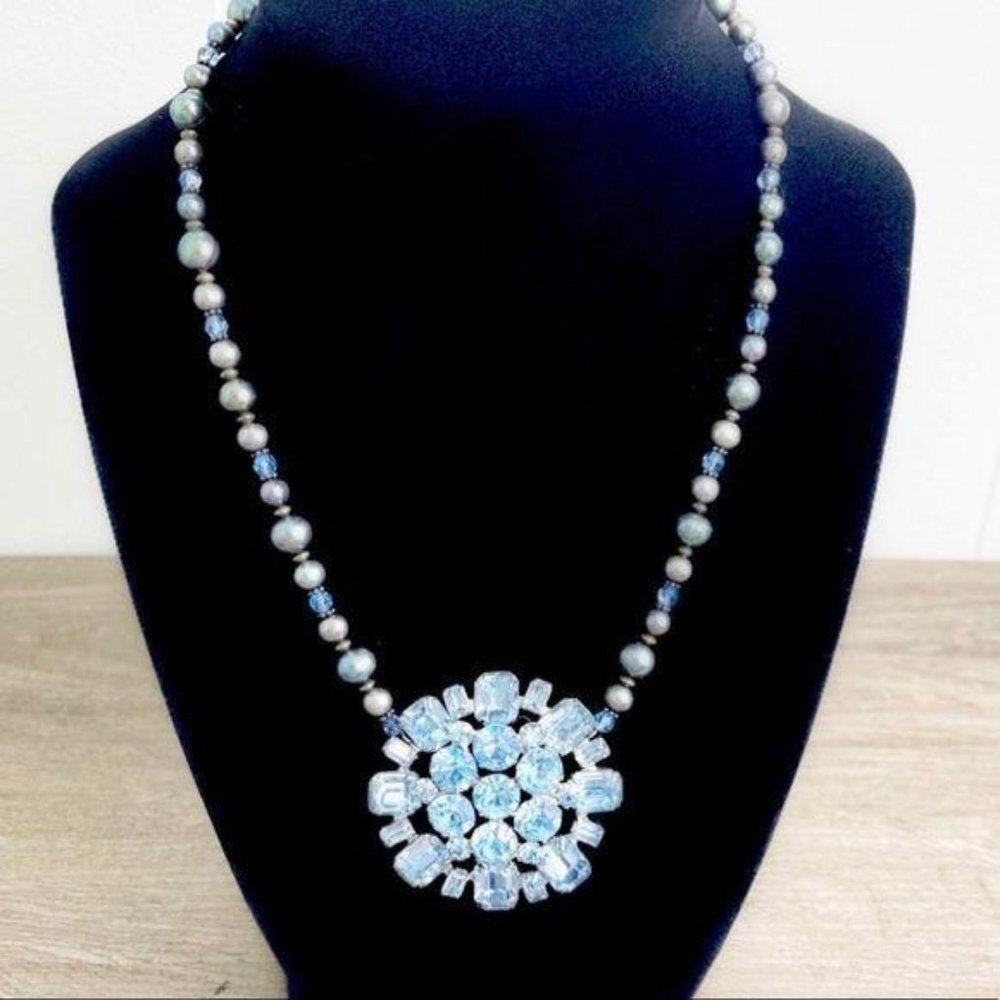 Blue Crystal and Pearl Statement Necklace